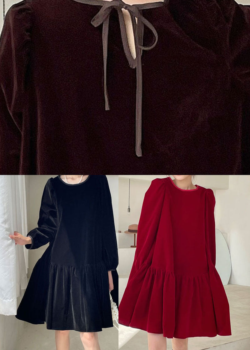 Red Patchwork Velour Vacation Dress Winter