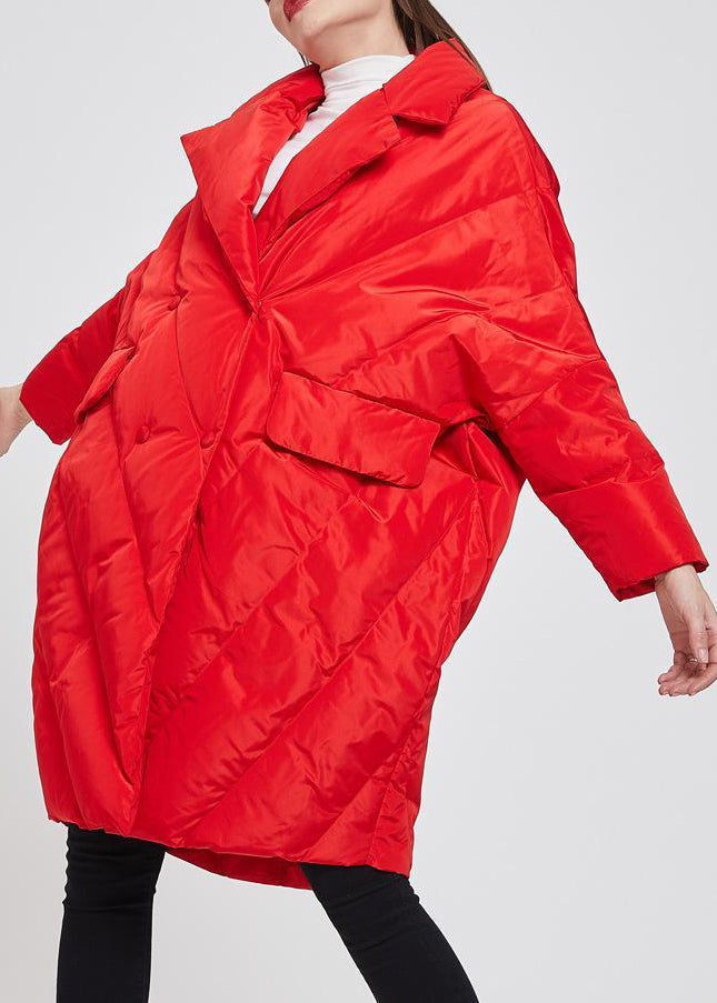Red Peter Pan Collar Button Duck Down Coat Long Sleeve
