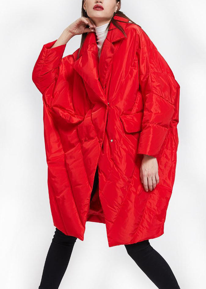 Red Peter Pan Collar Button Duck Down Coat Long Sleeve