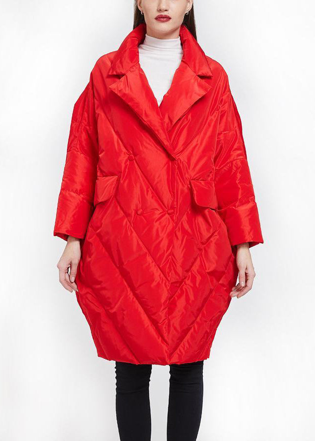 Red Peter Pan Collar Button Duck Down Coat Long Sleeve