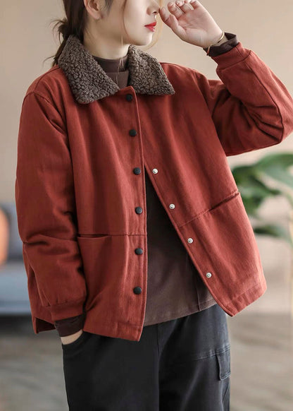 Red Peter Pan Collar Fuzzy Wool Lined Cotton Parkaer Winter