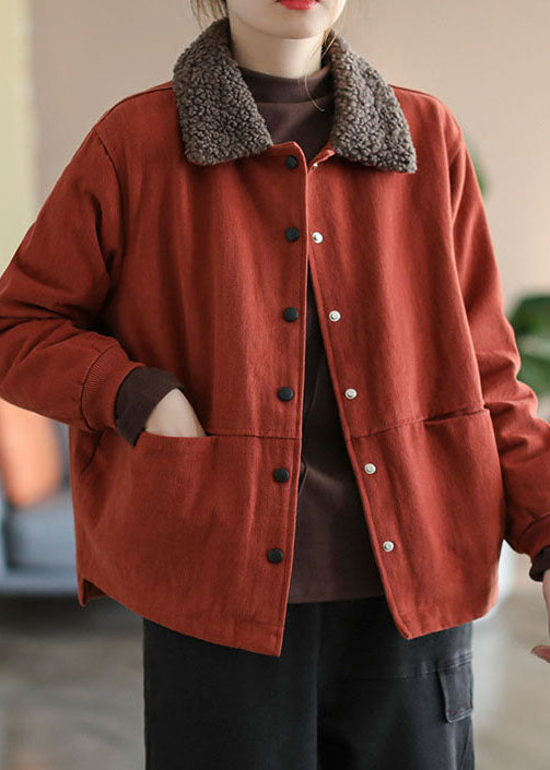 Red Peter Pan Collar Fuzzy Wool Lined Cotton Parkaer Winter