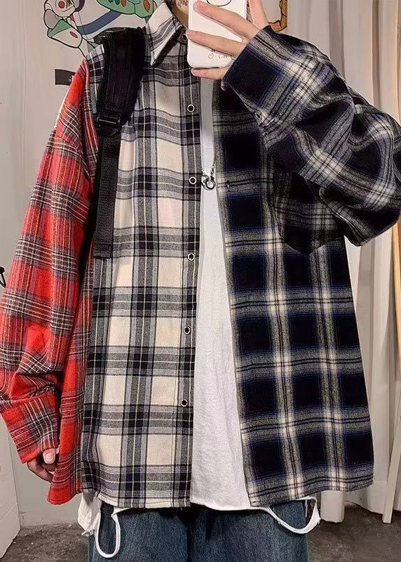 Plus Size Red Peter Pan Collar Plaid Cotton Men's Shirts Spring