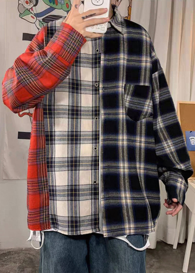 Red Peter Pan Collar Plaid Cotton Shirts Spring