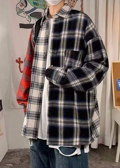 Plus Size Red Peter Pan Collar Plaid Cotton Men's Shirts Spring