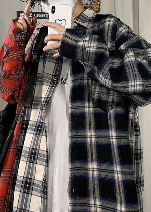 Plus Size Red Peter Pan Collar Plaid Cotton Men's Shirts Spring