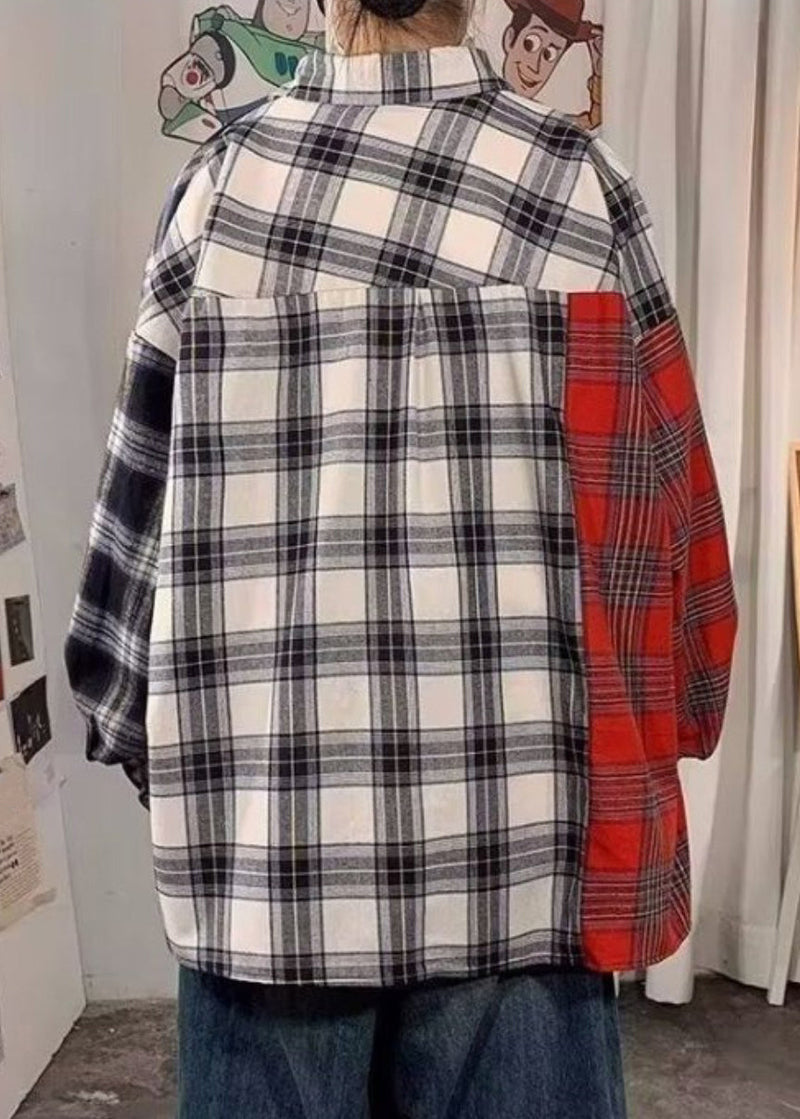 Red Peter Pan Collar Plaid Cotton Shirts Spring