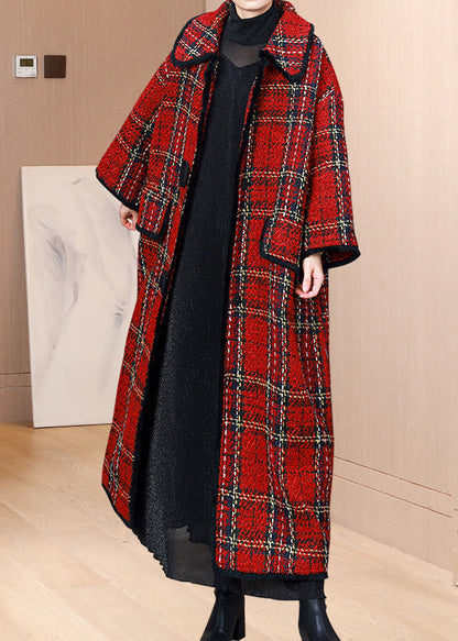 Red Peter Pan Collar Pockets Plaid Woolen Coats Winter