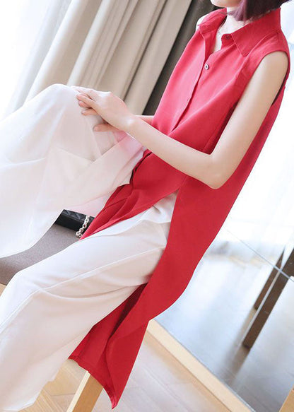 Red Peter Pan Collar Side Open Chiffon Long Shirts Sleeveless