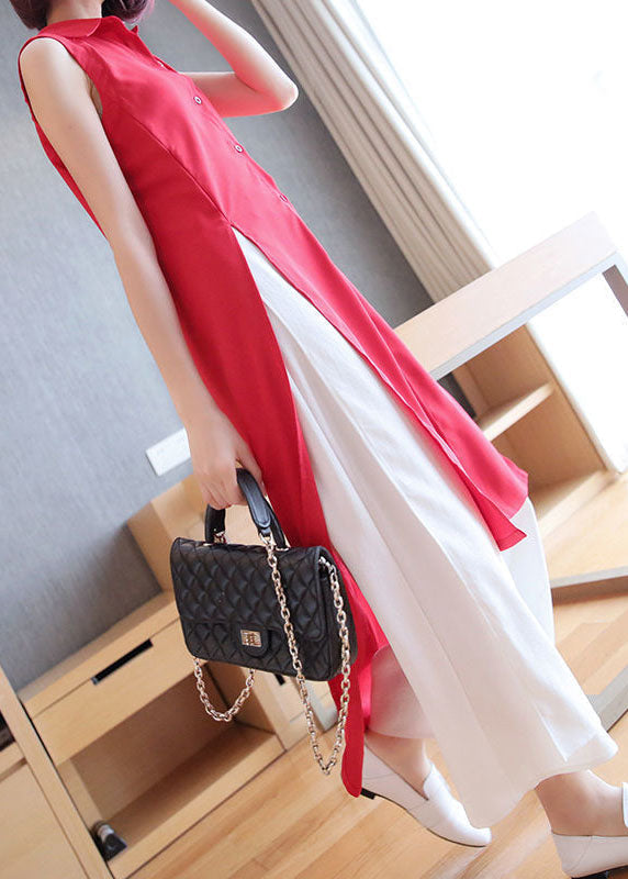 Red Peter Pan Collar Side Open Chiffon Long Shirts Sleeveless