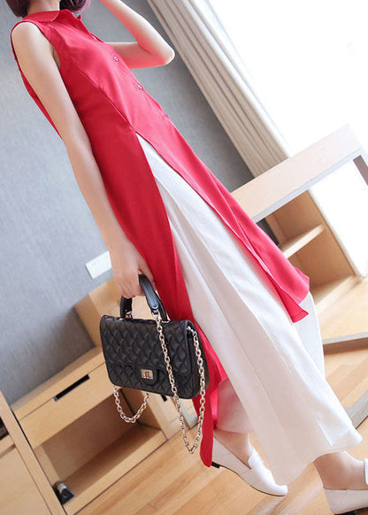 Red Peter Pan Collar Side Open Chiffon Long Shirts Sleeveless