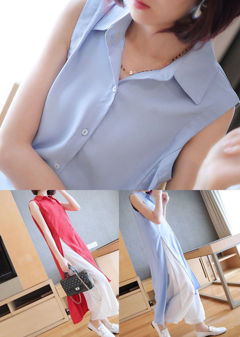 Red Peter Pan Collar Side Open Chiffon Long Shirts Sleeveless