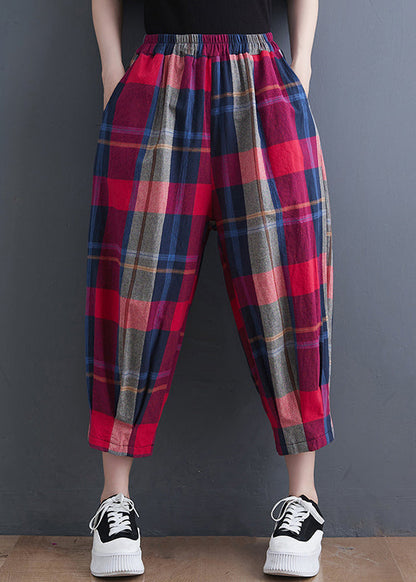 Red Plaid Elastic Waist Cotton Crop Pants Summer