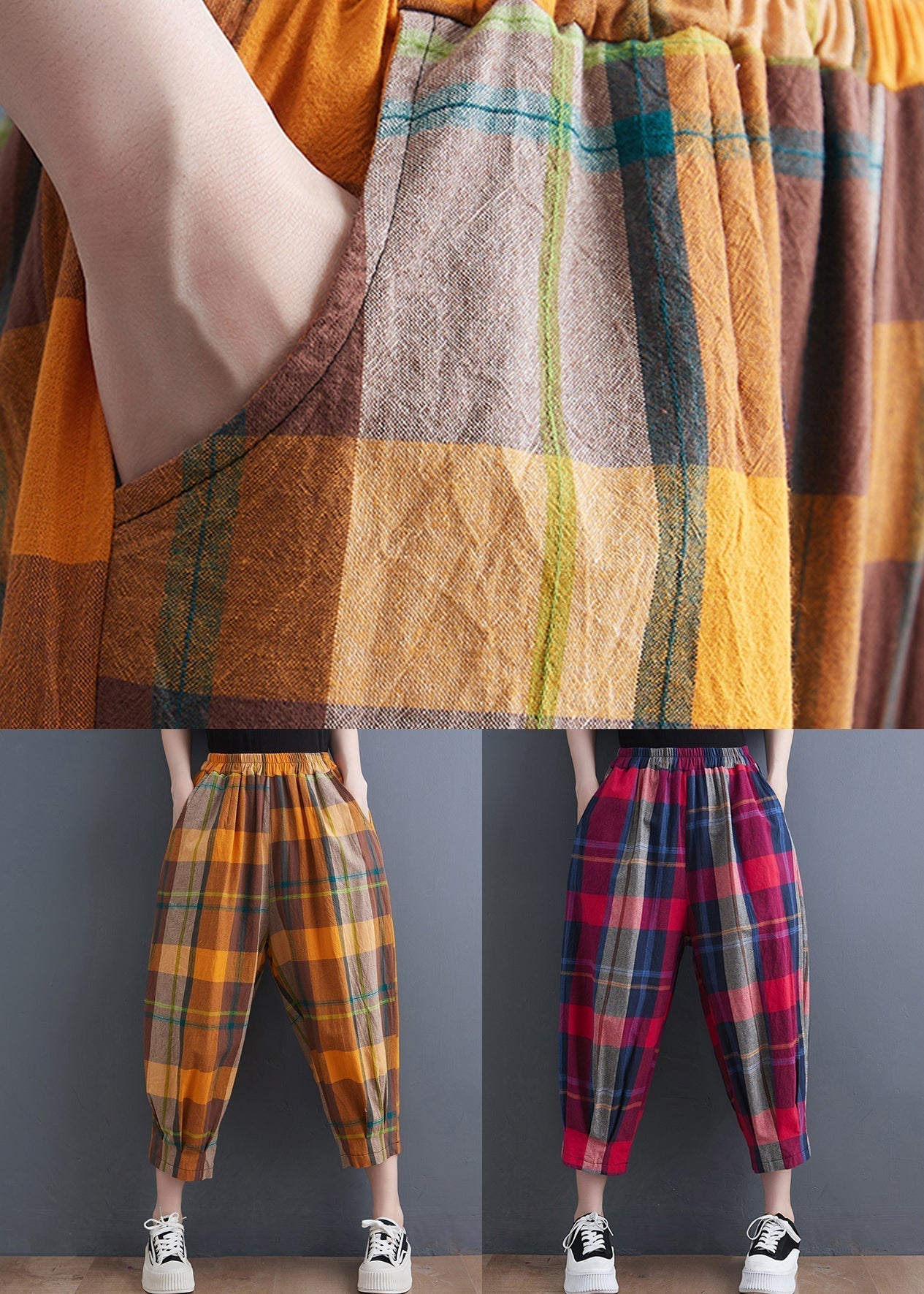 Red Plaid Elastic Waist Cotton Crop Pants Summer