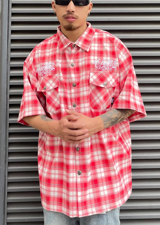 Red Plaid Print Cotton Shirts Summer
