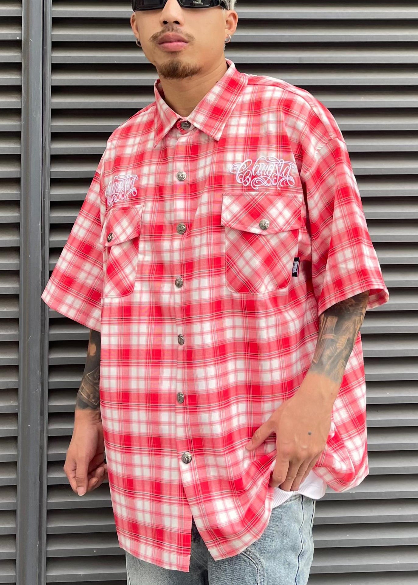 Red Plaid Print Cotton Shirts Summer