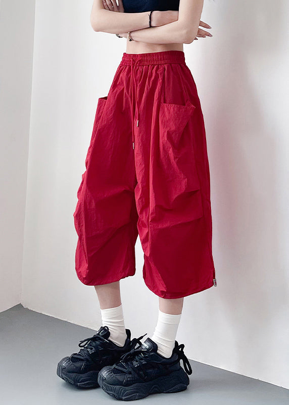 Red Pockets Elastic Waist Cotton Crop Pants Summer