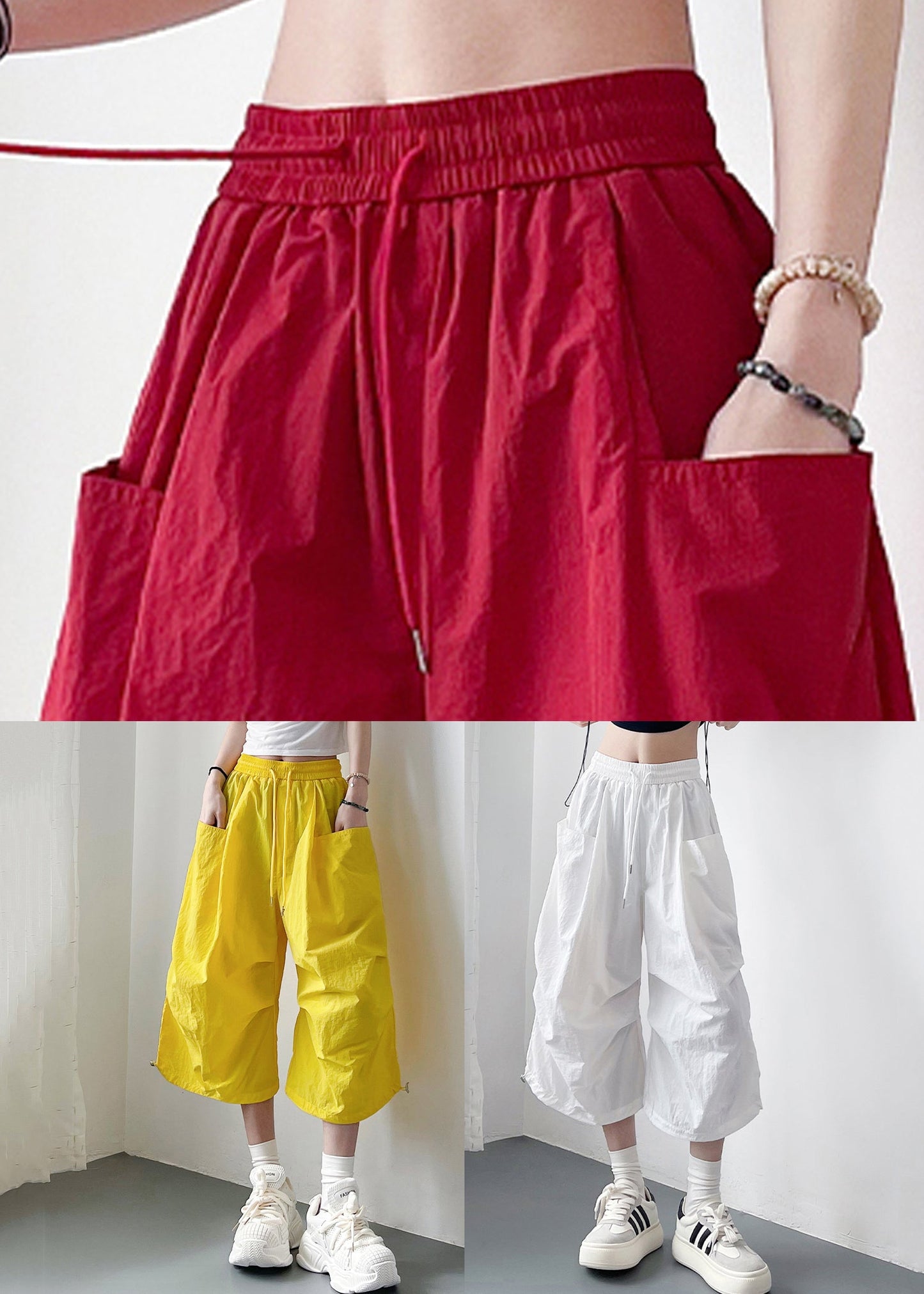 Red Pockets Elastic Waist Cotton Crop Pants Summer