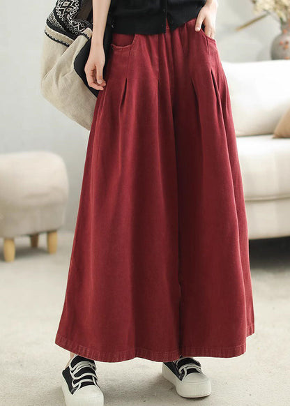 Red Pockets Elastic Waist Cotton Wide Leg Pants Spring