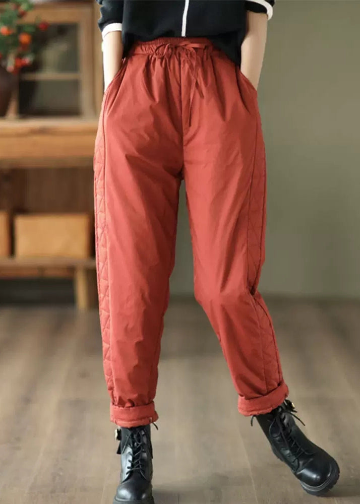 Red Pockets Patchwork Fine Cotton Filled Pants Winter
