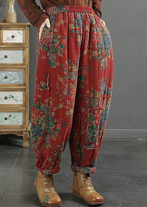 Red Pockets Print Elastic Waist Fine Cotton Filled Pants Winter