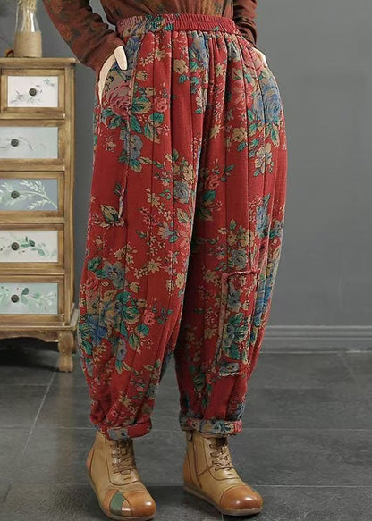 Red Pockets Print Elastic Waist Fine Cotton Filled Pants Winter