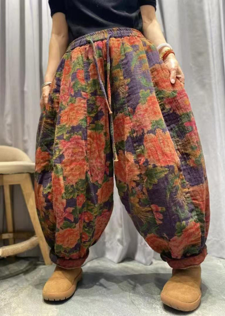 Red Pockets Print Fine Cotton Filled Lantern Pants Winter