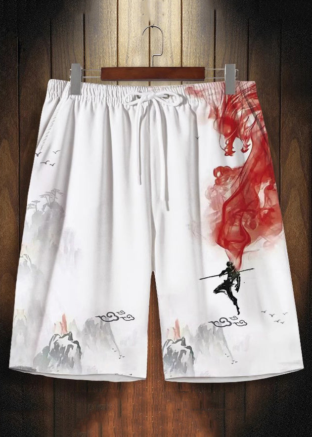 Red Print Drawstring Ice Silk Shorts Summer