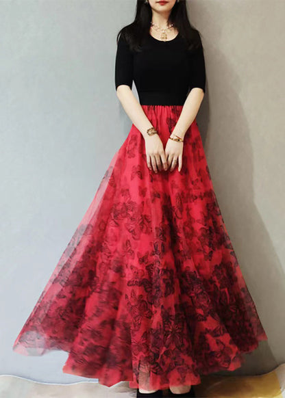 Red Print High Waist Exra Large Hem Tulle Skirts Spring