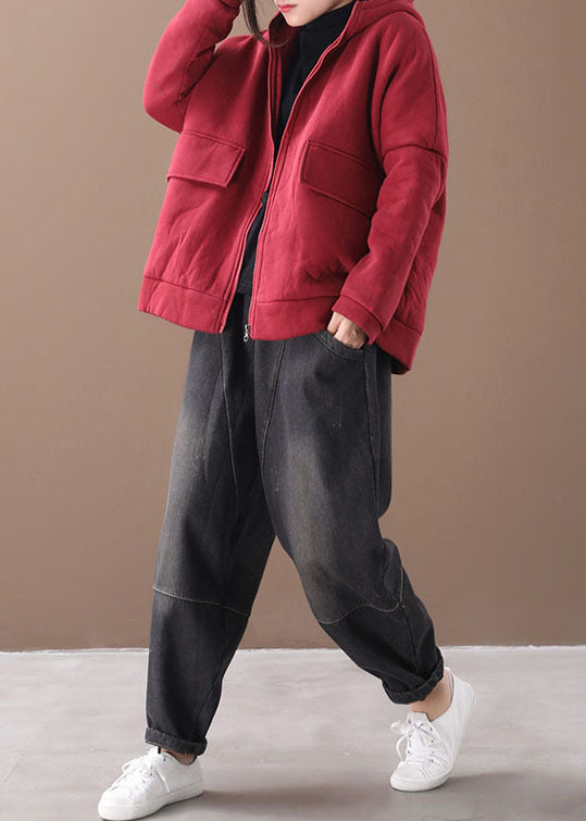Red Print Hooded Fine Cotton Filled Witner Coat Winter