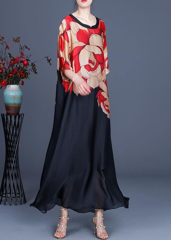 Flower and Bird Pattern Print O-neck Chiffon Summer Dress