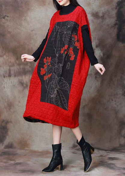 Red Print Patchwork Cotton Filled Dresses Long Sleeve