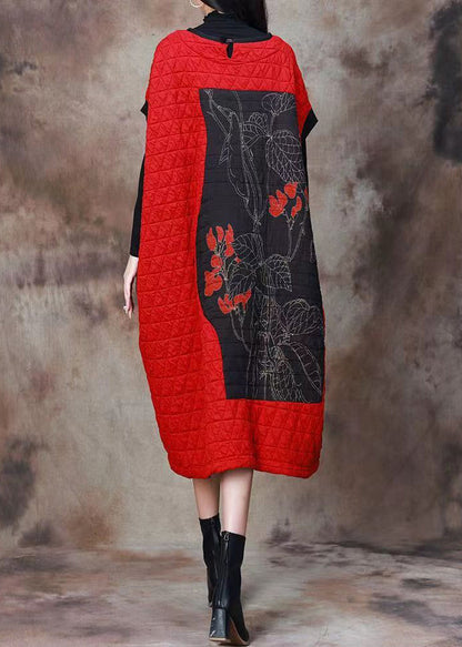 Red Print Patchwork Cotton Filled Dresses Long Sleeve