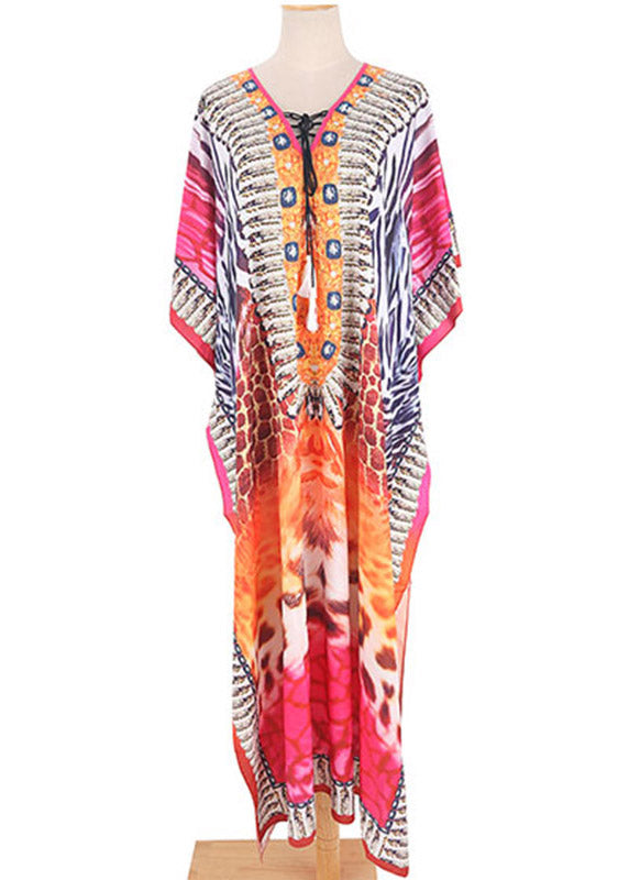 Red Print Side Open Maxi Holiday Dress Short Sleeve