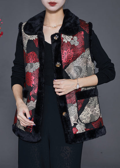 Red Print Thick Fine Cotton Filled Vests Winter