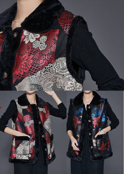 Red Print Thick Fine Cotton Filled Vests Winter
