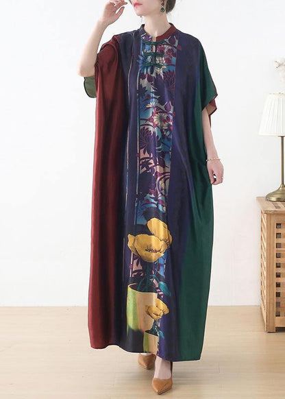 Red Purple Green Print Batwing Sleeve Mid Summer Chiffon Dress