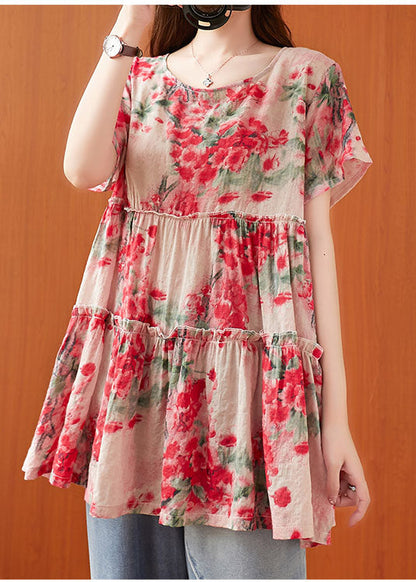 Red Ruffled Print Cotton a Line Top Short Sleeve