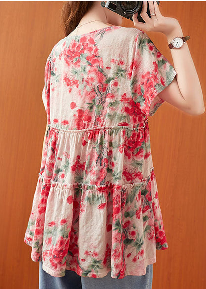 Red Ruffled Print Cotton a Line Top Short Sleeve