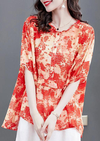 Red Ruffled Print Patchwork Chiffon Tops Summer