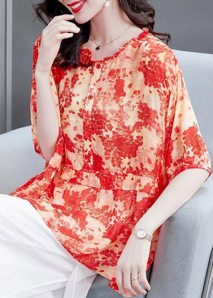 Red Ruffled Print Patchwork Chiffon Tops Summer