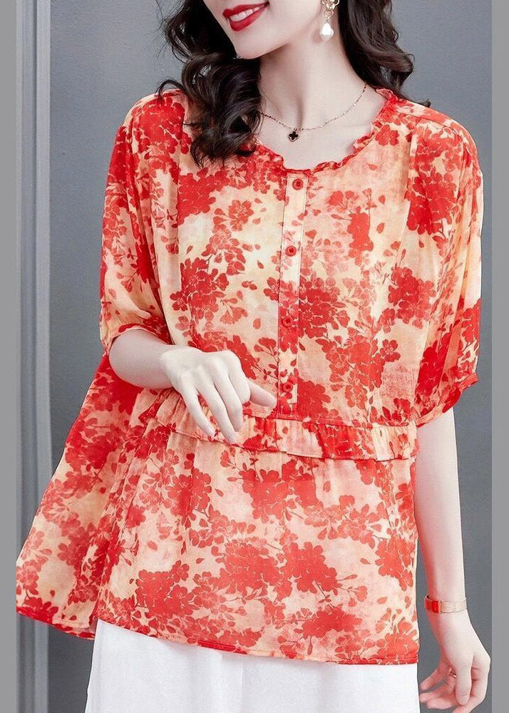 Red Ruffled Print Patchwork Chiffon Tops Summer