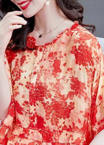 Red Ruffled Print Patchwork Chiffon Tops Summer