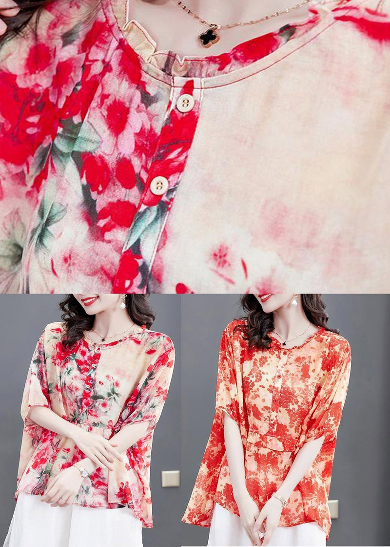 Red Ruffled Print Patchwork Chiffon Tops Summer