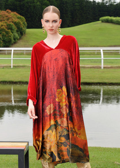 Red Silk Velour Patchwor Print Long Dresses Long Sleeve