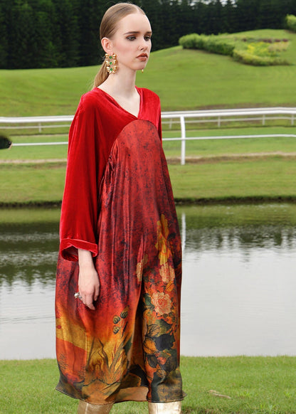 Red Silk Velour Patchwor Print Long Dresses Long Sleeve