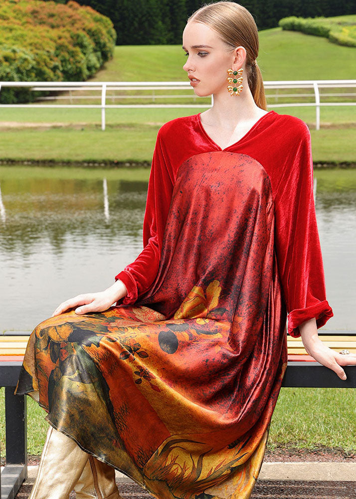 Red Silk Velour Patchwor Print Long Dresses Long Sleeve