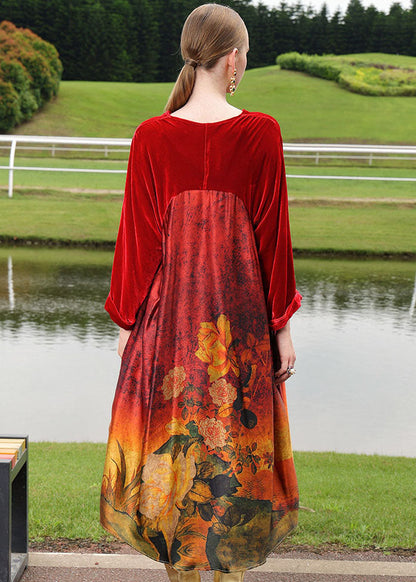 Red Silk Velour Patchwor Print Long Dresses Long Sleeve