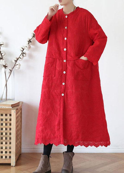 Red Stand Button Fall Long Sleeve Coats