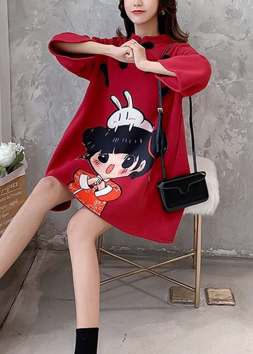 Red Stand Collar Print Warm Fleece Mid Dress Fall